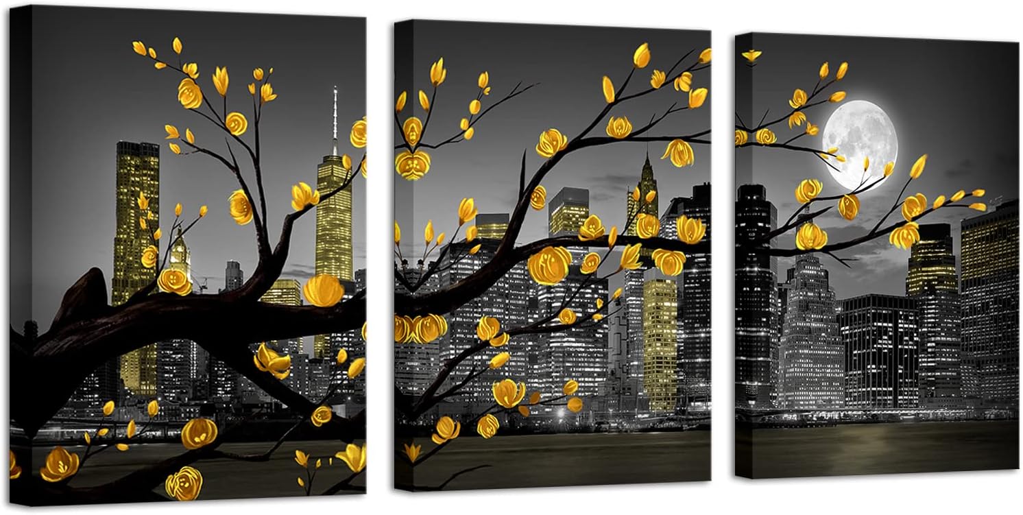 HOMEOART New York City Wall Art Yellow Grey Flower Painting Floral Picture Black White Cityscape Canvas Prints Framed Artwork Living Room Bedroom Decoration 12"x16"x3 Pieces