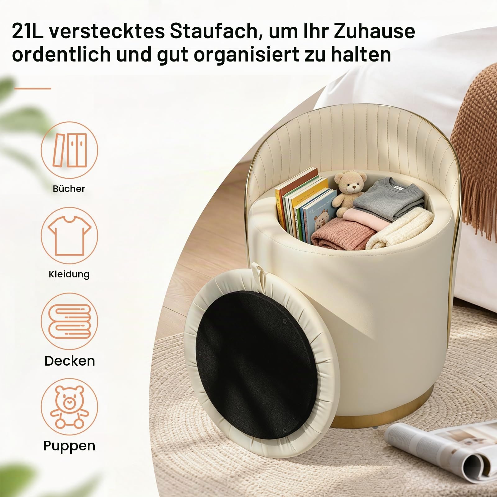 Schminkhocker, Schminkstuhl 360° Drehbar, Sitzhocker Rund mit rutschfeste Fußpads, Gepolstert Hocker Schminktisch Samt für Schminktisch, Schlafzimmer, Wohnzimmer (B-Cremeweiß)