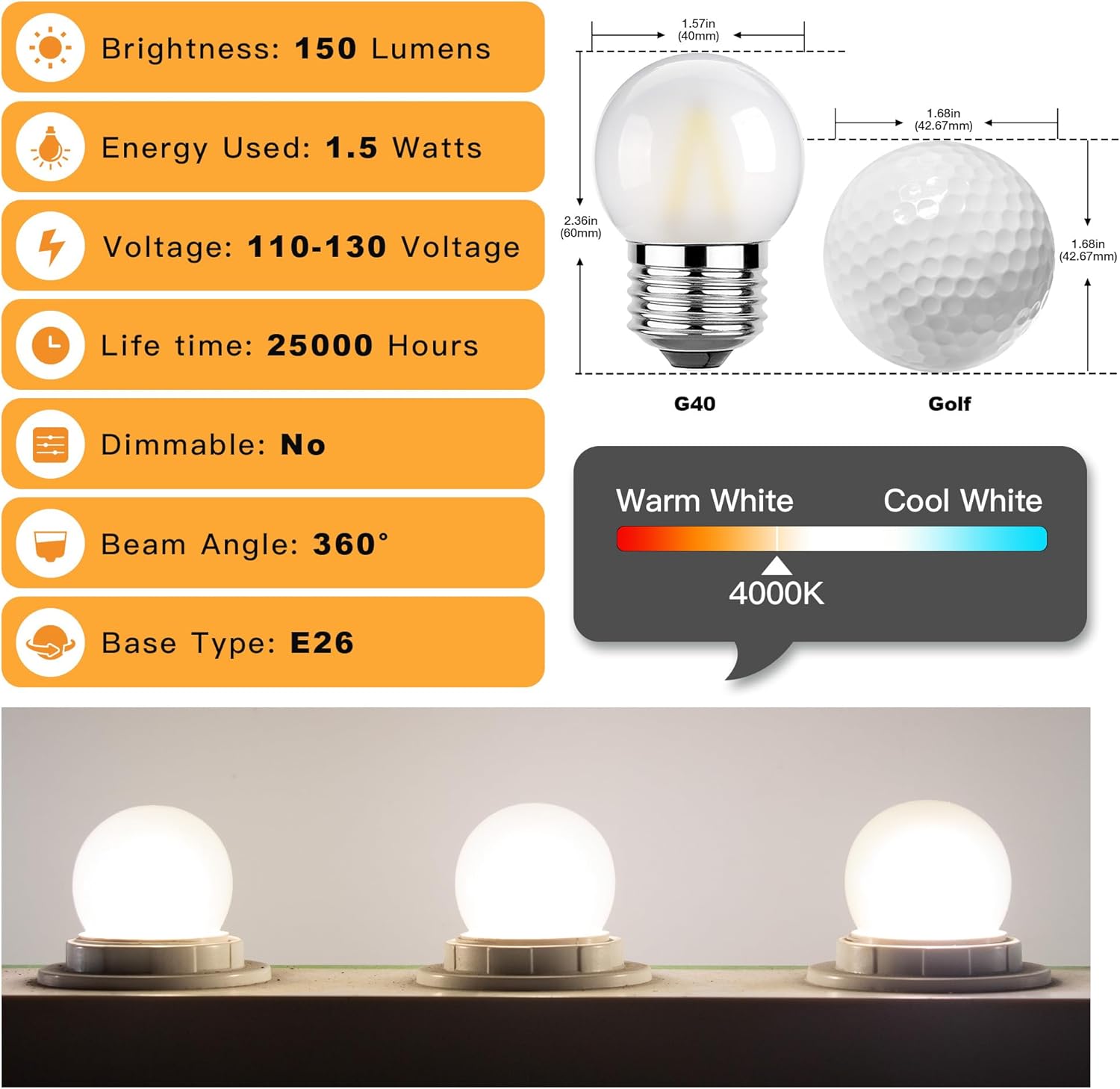 G40 Low Wattage Led Bulb 1.5W Small Globe Edison Light Bulbs,Neutral White 4000K for Outdoor String Light Fridge Freezer,E26 Base Frosted Glass,15 Watt Equivalent,150lm, Pack of 2