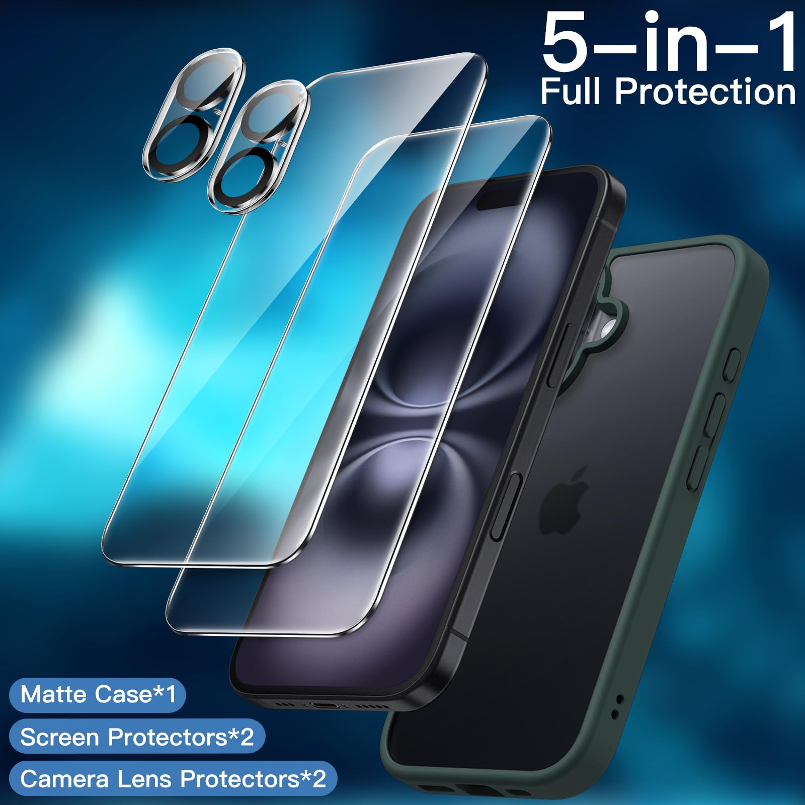 JETech 5 in 1 Matte Case for iPhone 16 6.1-Inch with 2-Pack Each Tempered Glass Screen Protector and Camera Lens Protector - Image 3