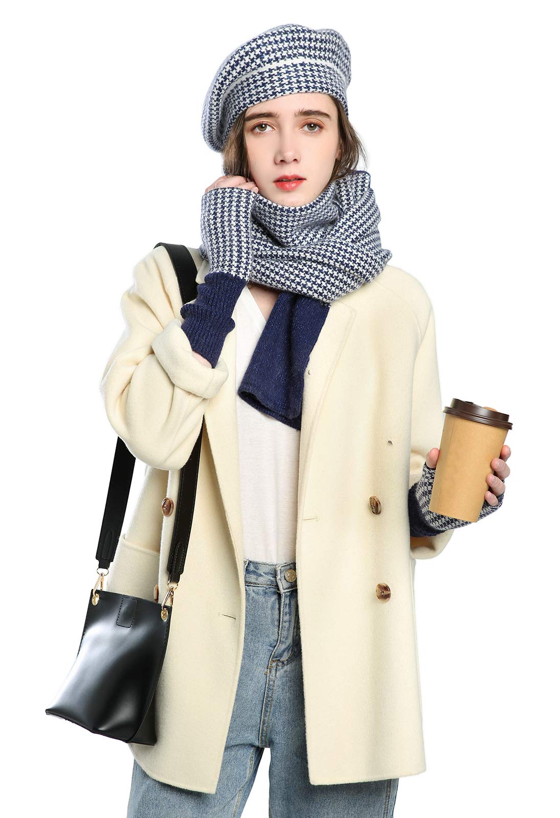 Dajingkj Baskenmütze für Damen, 3-teiliges Hut, Schal, Handschuhe, Set, Mädchen, Mode, fingerlose Handschuhe, Baumwolle, Winter-Geschenk-Set, marineblau, One size