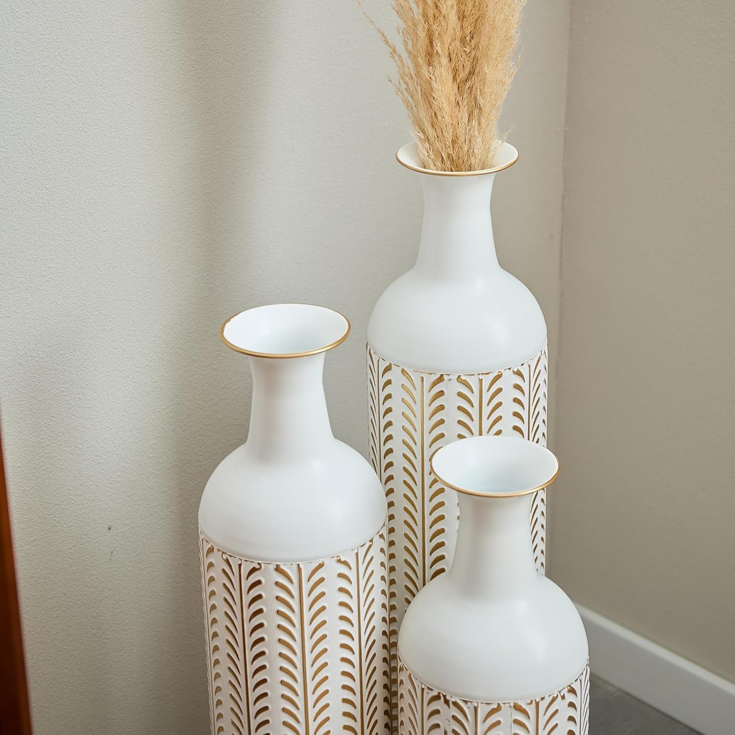 Metal Tall Floor Vase Set of 3, Large Gold Vase Decorative Tall Stand Vases for Dried Flower, Modern Home Decor for Living Room, Hallway, Wedding Centerpiece, 23.6"/27.5"/31.5", White Leaf Shape