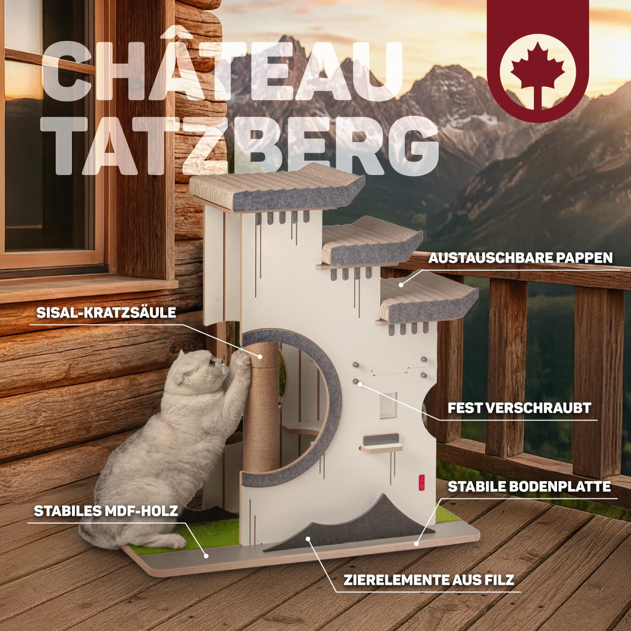 CanadianCat Company | Kratzbaum Katzenmöbel Château Tatzberg - Sisal Kratzflächen, Kuschelhöhle & Klettermöglichkeiten, 89x38x90 cm, Robustes für Wohnung, modernes alpines Wohndesign