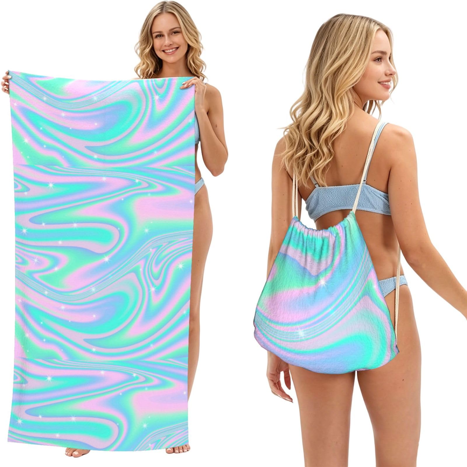 Poadnly As Picture Holographic Abstract Background In Pastel Neon, 2 In 1 Packable Towel Bag, Beach Towels With Drawstring Backpack For Travel Holiday Camping