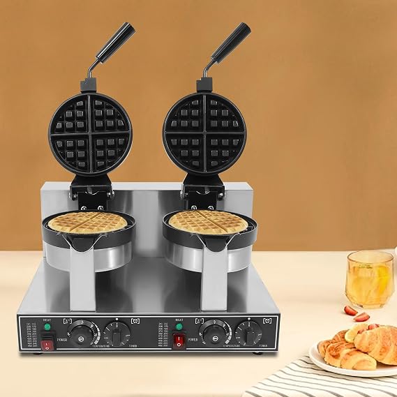 2400W Commercial Waffle Maker, Dual-Head Round Waffle Baker Machine with Temp and Time Control, Stainless Steel Waffle Making Machine for Home, Dessert Stores and Fast Food
