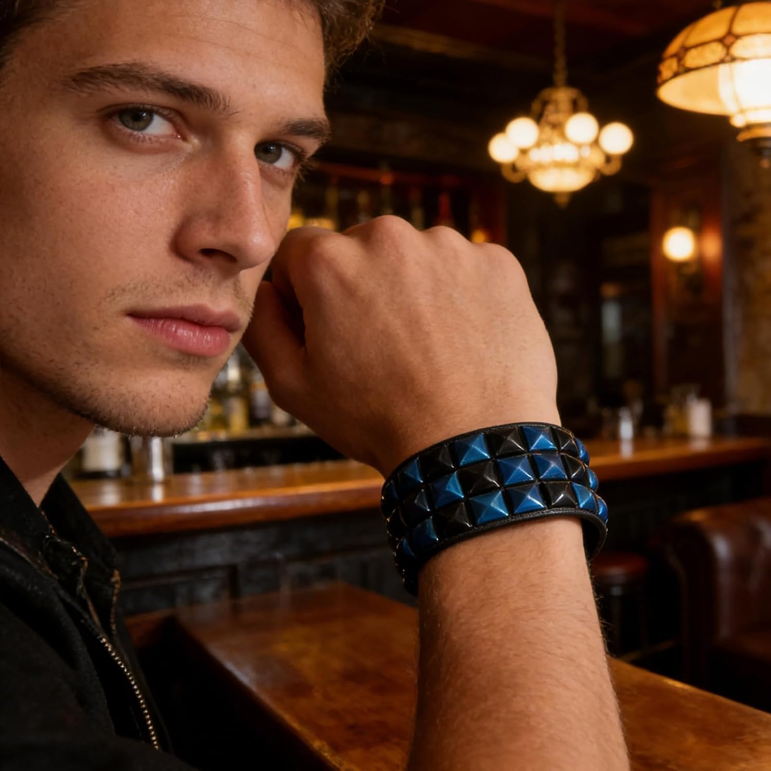 Scene Accessories Emo Bracelet, 3-Row Studded Dopamine Leather Wristband, Punk Rock Goth Spike Cuff Bracelet for Men Women, Adjustable Snap Jewelry on Party Streetwear（Blue Black） image 3