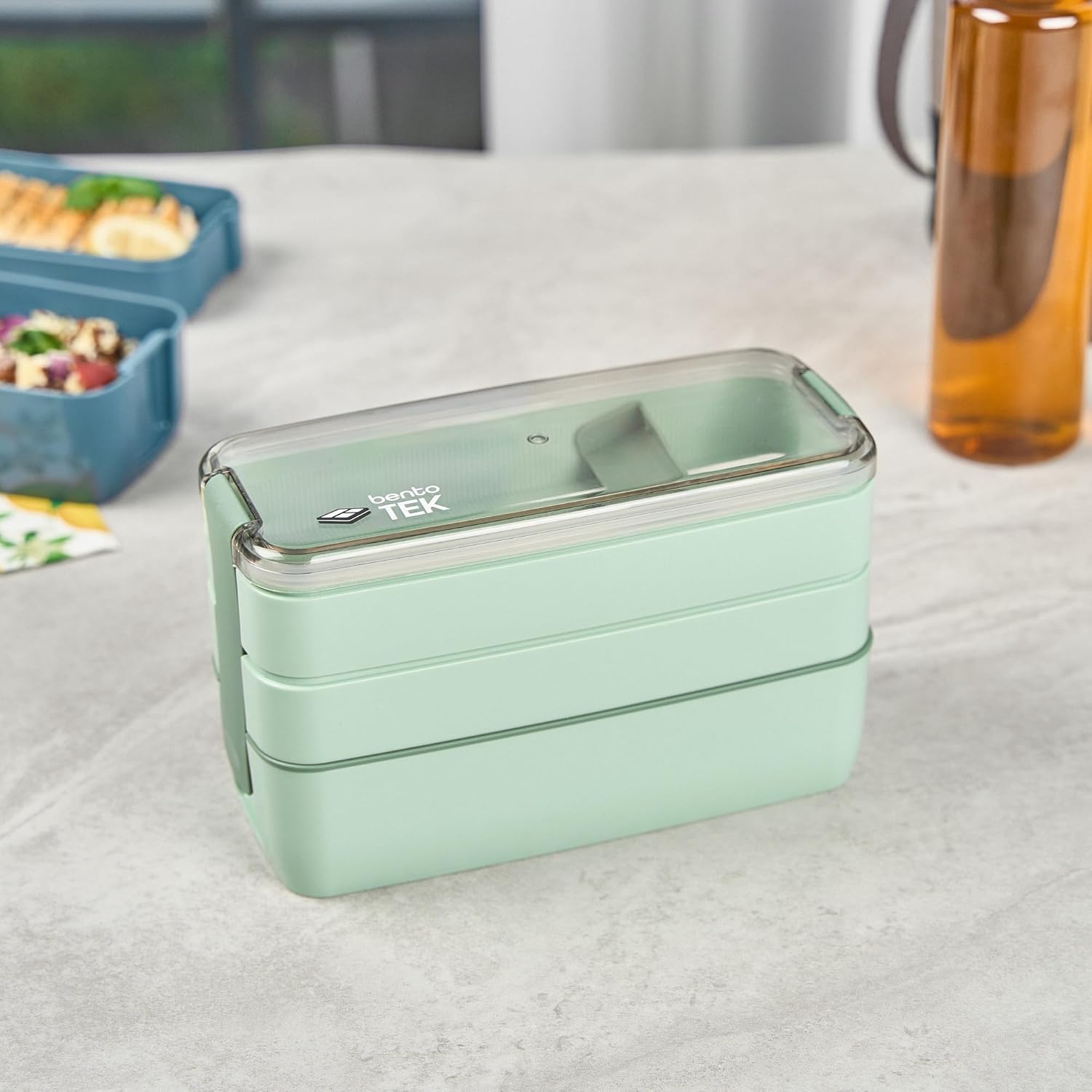 Bento Tek 30 Ounce Bento Box, 1 Stackable 3 Compartment Lunch Container - With Fork And Knife, Does Not Contain BPA, Green Plastic Reusable Lunch Box, Microwavable, Dishwashable - Restaurantware - Image 3