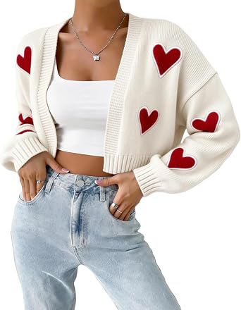 Women Valentine Sweaters Heart Embroidered Cropped Cardigan