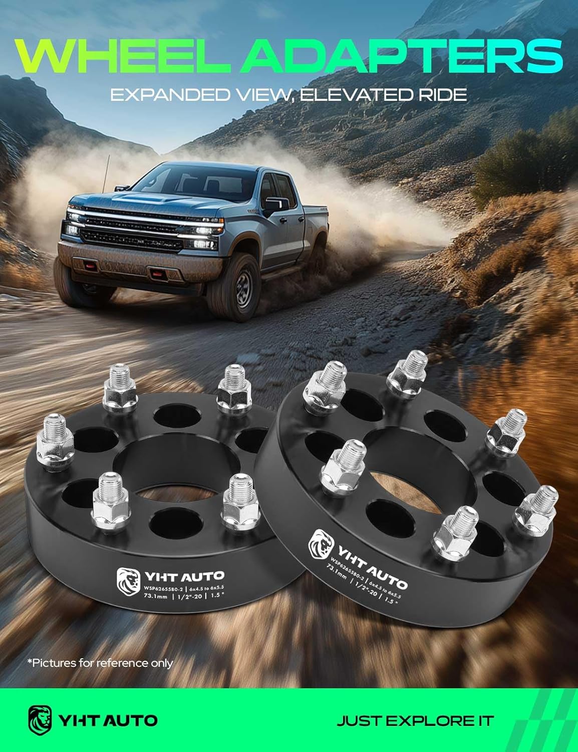 YHTAUTO 6x4.5 to 6x5.5 Wheel Adapters 1.5 Inch Compatible with Dodge Durango 1998-2003, Dakota, Viper, Tire Spacers w/1/2-20 & 12.9 Grade Studs, 73.1mm Center Bore 6 Lug 2PCS Black