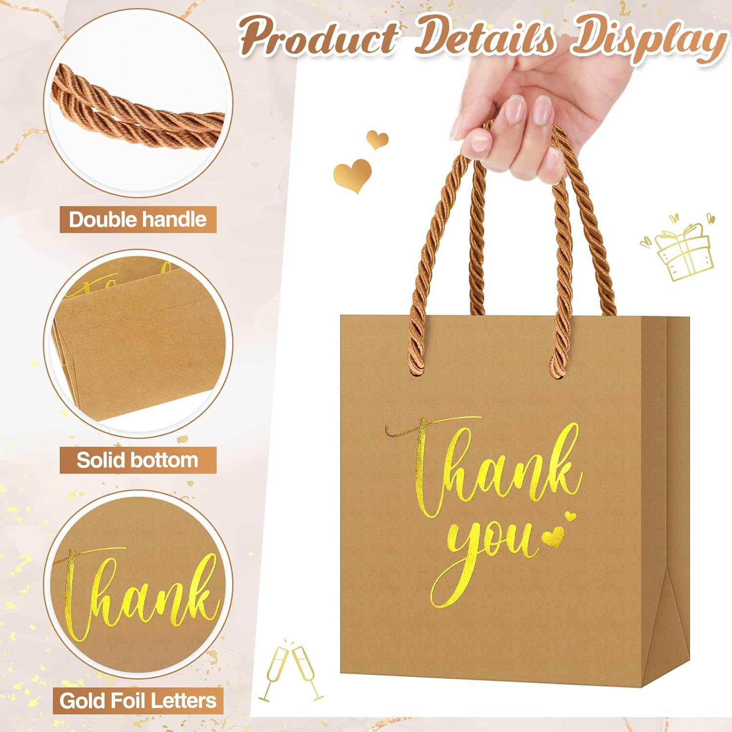 Honoson 30 Pcs Mini Gift Bag with Handle 4 x 2.75 x 4.5'' Small Thank You Bag Foil Paper Tote for Valentine's Day Wedding Baby Shower Birthday Graduation Party Favor Supplies(Kraft Color/Gold) - Image 4