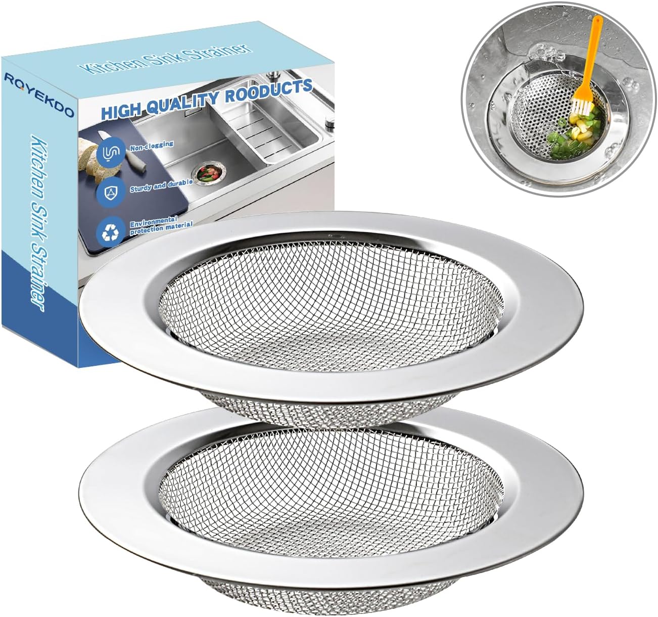RQYEKDO Kitchen Sink Strainer Stainless Steel with Fine Mesh4.4 inch Wide Rim Drain Strainer | Fits Standard Sinks & GarbageDisposals(Silver)