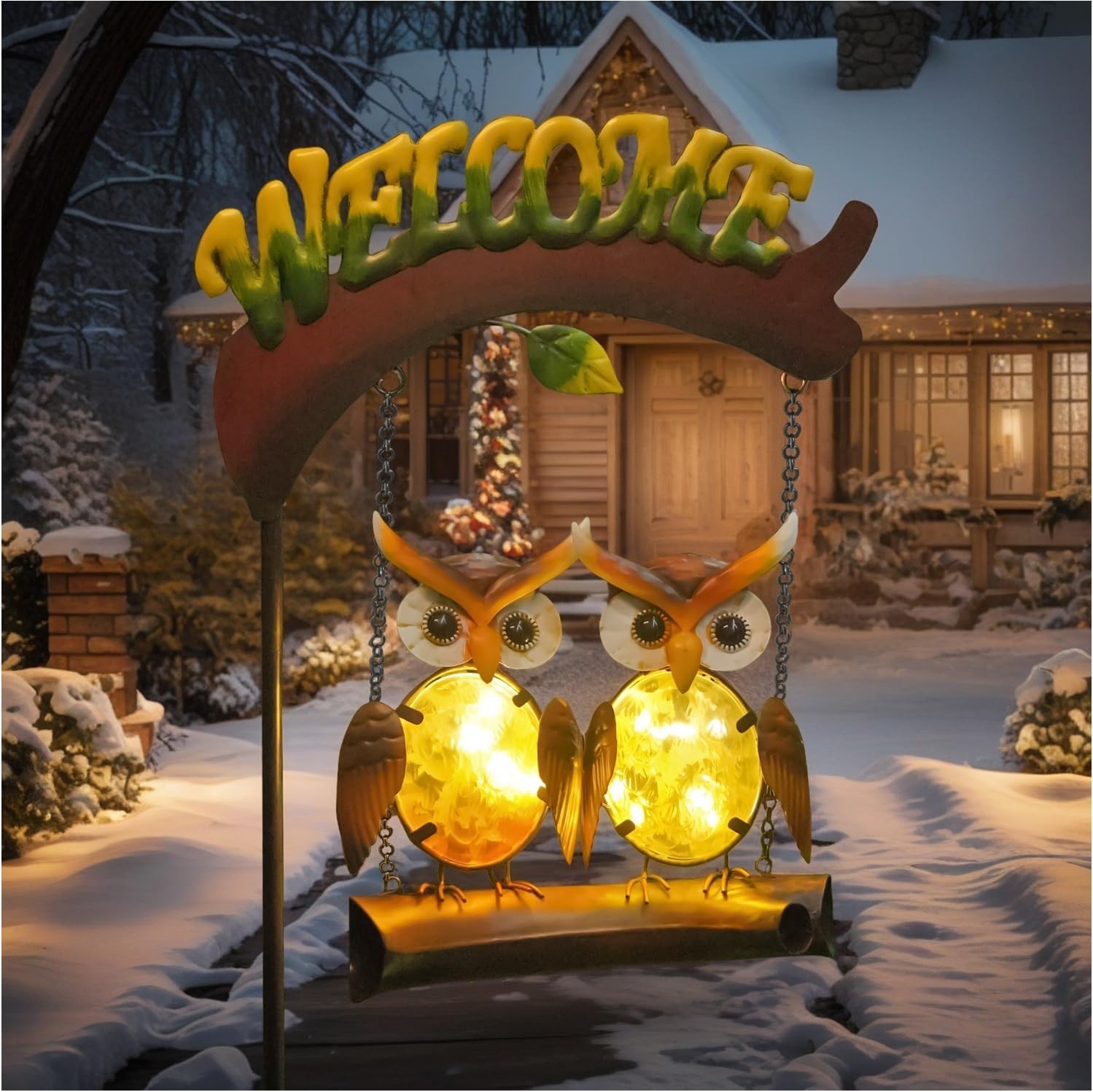 HONGLAND Solar Lights Outdoor Decor, Owl Swing Garden Decor, Owl Gifts for Women Mom, Whimsical Garden Lights Outdoor Decorations with Welcome Sign for Outside Patio Yard Lawn Decor