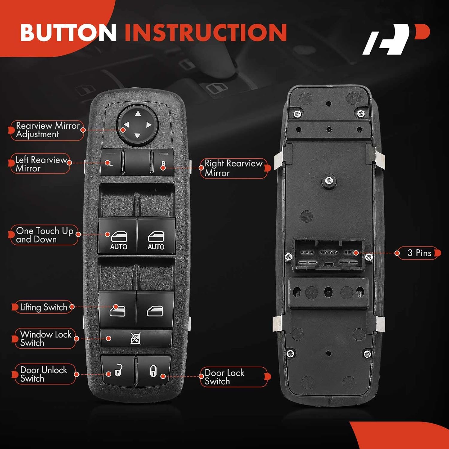 A-Premium Front Driver Side Master Power Window Switch Compatible with Chrysler Pacifica 2017 2018 2019 2020 2021 2022, V6 3.6L, Replace# 68234092AC