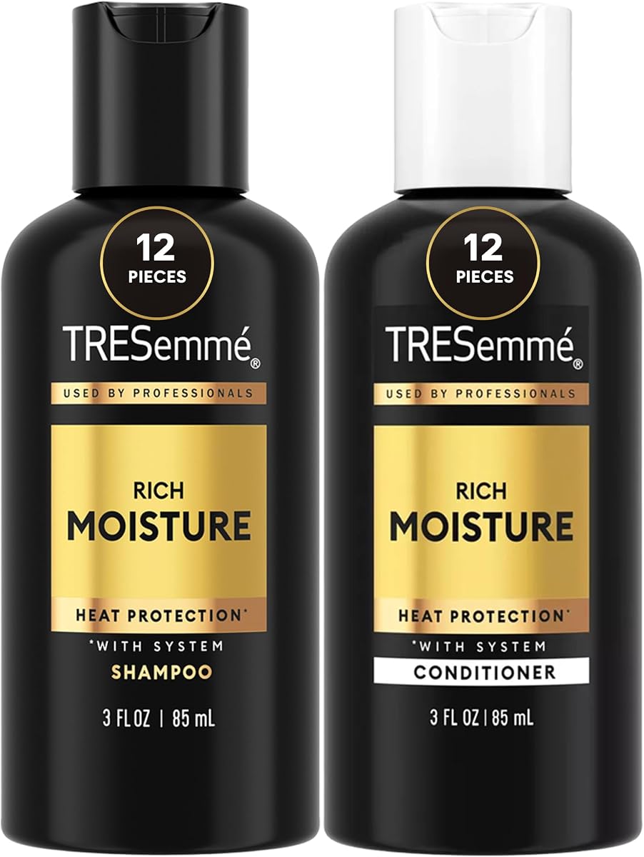 TRESemmé Juego de champú y acondicionador de viaje, rica humedad, paquete de 24 (12 juegos), desenredante, control de encrespamiento + protección contra el calor, 3 oz cada uno
