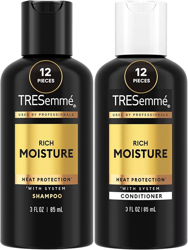 TRESemmé Juego de champú y acondicionador de viaje, rica humedad, paquete de 24 (12 juegos), desenredante, control de encrespamiento + protección contra el calor, 3 oz cada uno