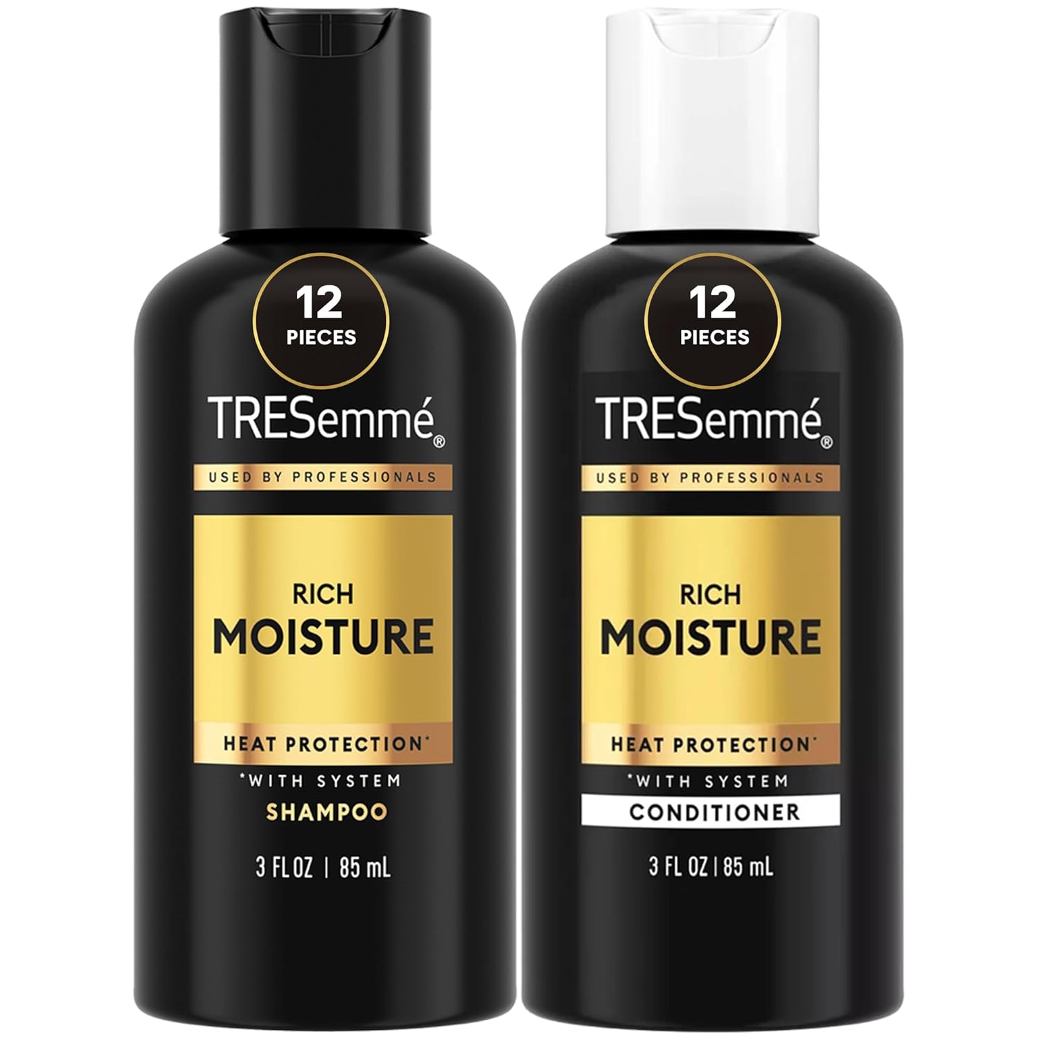 TRESemmé Travel Shampoo and Conditioner Set, Rich Moisture 24-Pack (12 Sets), Detangler, Frizz Control + Heat Protection, 3 Oz Ea