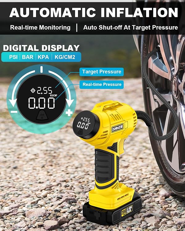Tire Inflator Portable Air Compressor, 150 PSI Handheld Air Pump for Car Tires with 20V Rechargeable Battery, 12V Car Power Adapter, Digital Display, Ball, Motorcycle, Bike Pump by dormzie - Used condition - Image 3