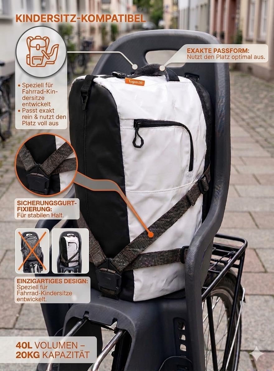 Fahrradrucksack wasserdicht 40L Schwarz Weiß – großer Rucksack für Herren & Damen – Einkaufsrucksack für Fahrrad, Gepäckträger & Kindersitz kompatibel – wasserfester PVC Rucksack