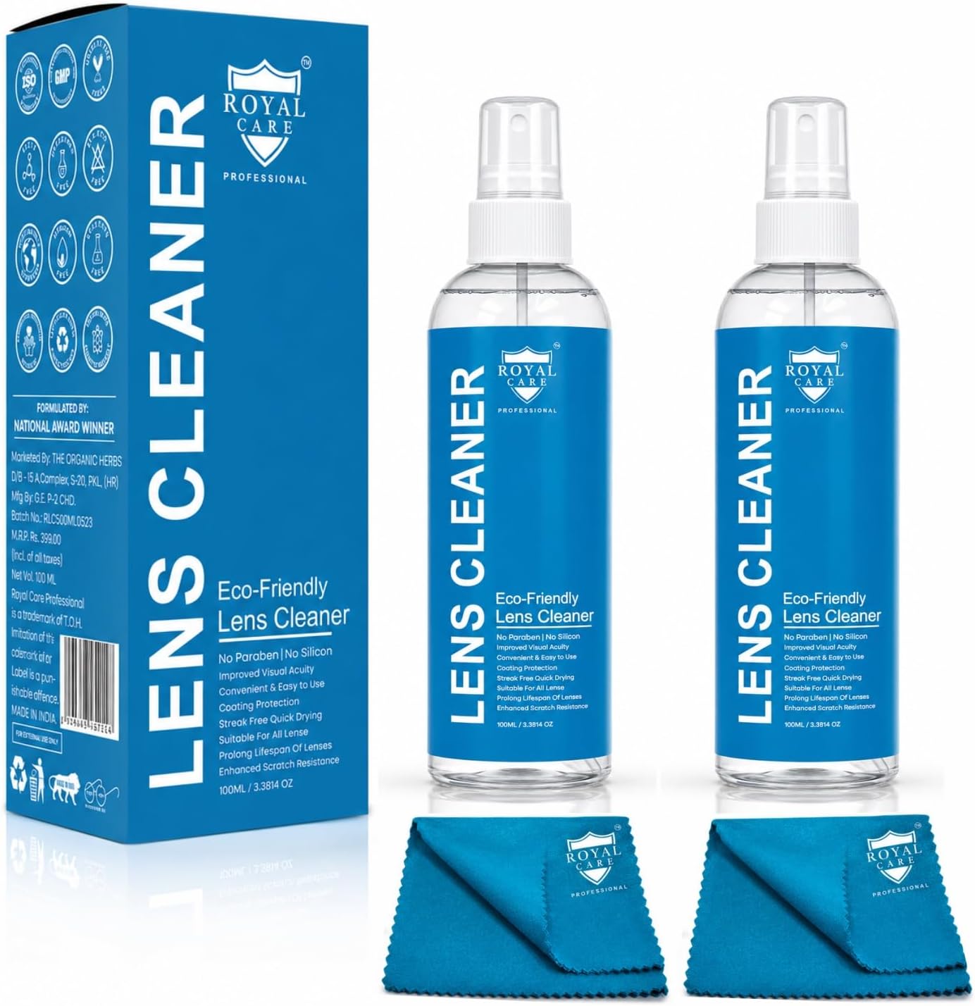 Royal Care Lens Cleaner Spray 100 ML Pack Kit โ Professional Lens Cleaner Spray with Microfiber Cloths โ Best for Eyeglasses, Cameras, and Lenses - Safely Cleans Fingerprints, Dust, Oil (Pack of 2)