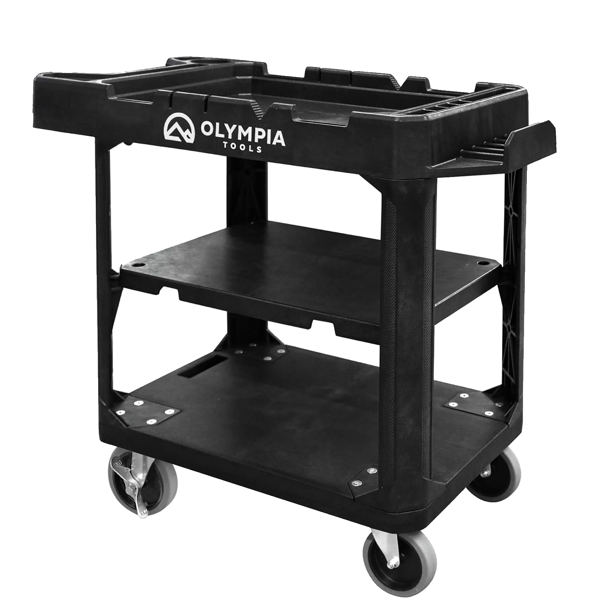 Olympia Tools 660 lbs Heavy Duty Plastic Utility Cart with 3 Shelves & Convertible Flat Top, 37 x 17 in | Work Cart with Ergonomic Handle, 4 Swivel Wheels for Maintenance | 3 Tier Service & Tool Cart