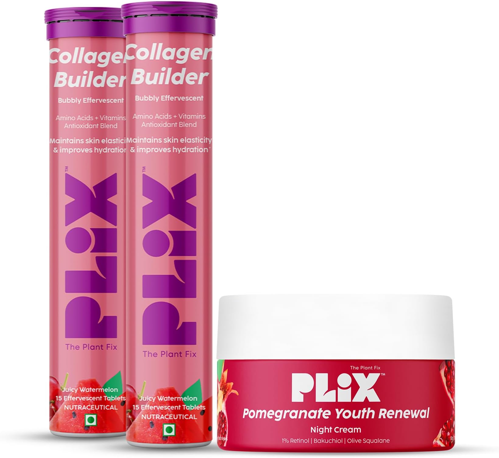 PLIX - THE PLANT FIX | Anti-Ageing Combo with Collagen Builder Bubbly Effervescent 30 Tablets & Pomegranate Youth Renewal Night Cream | For Improved Skin Elasticity & Reduced Wrinkles