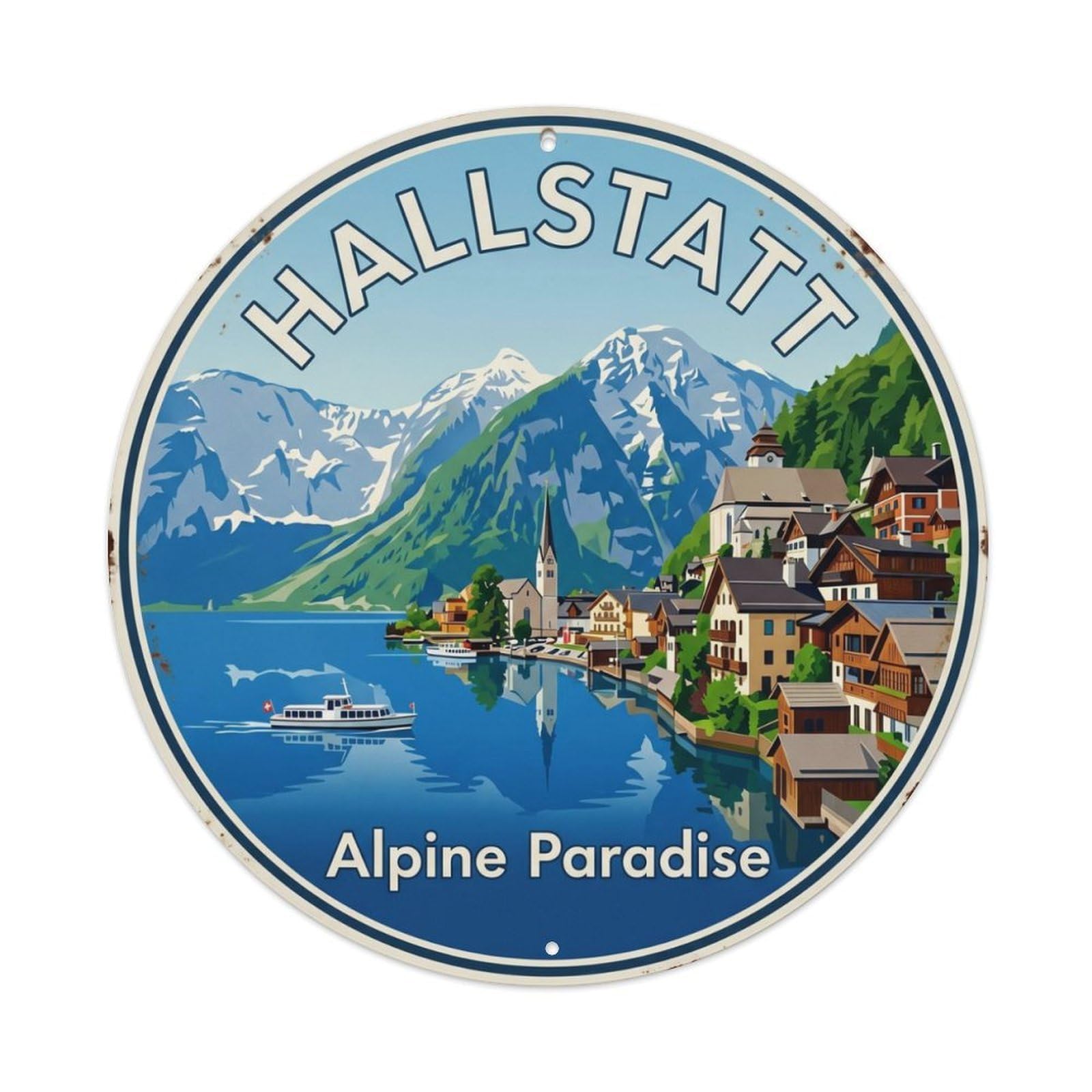 Vintage Travel Hallstatt Lakeside Village Metal Tin Sign Plaque Wall Decor for Cafe, Club Bar, Office, Home Garden Round Metal Poster 8x8Inch