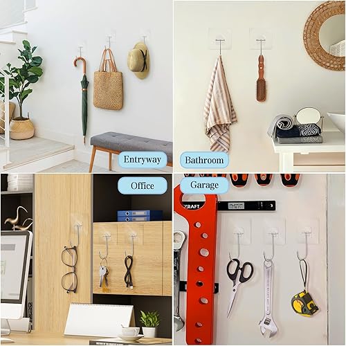 Miniatura 4 de Ganchos adhesivos grandes, paquete de 20 ganchos adhesivos transparentes impermeables para colgar ganchos de pared resistentes de 44 libras (máx.)