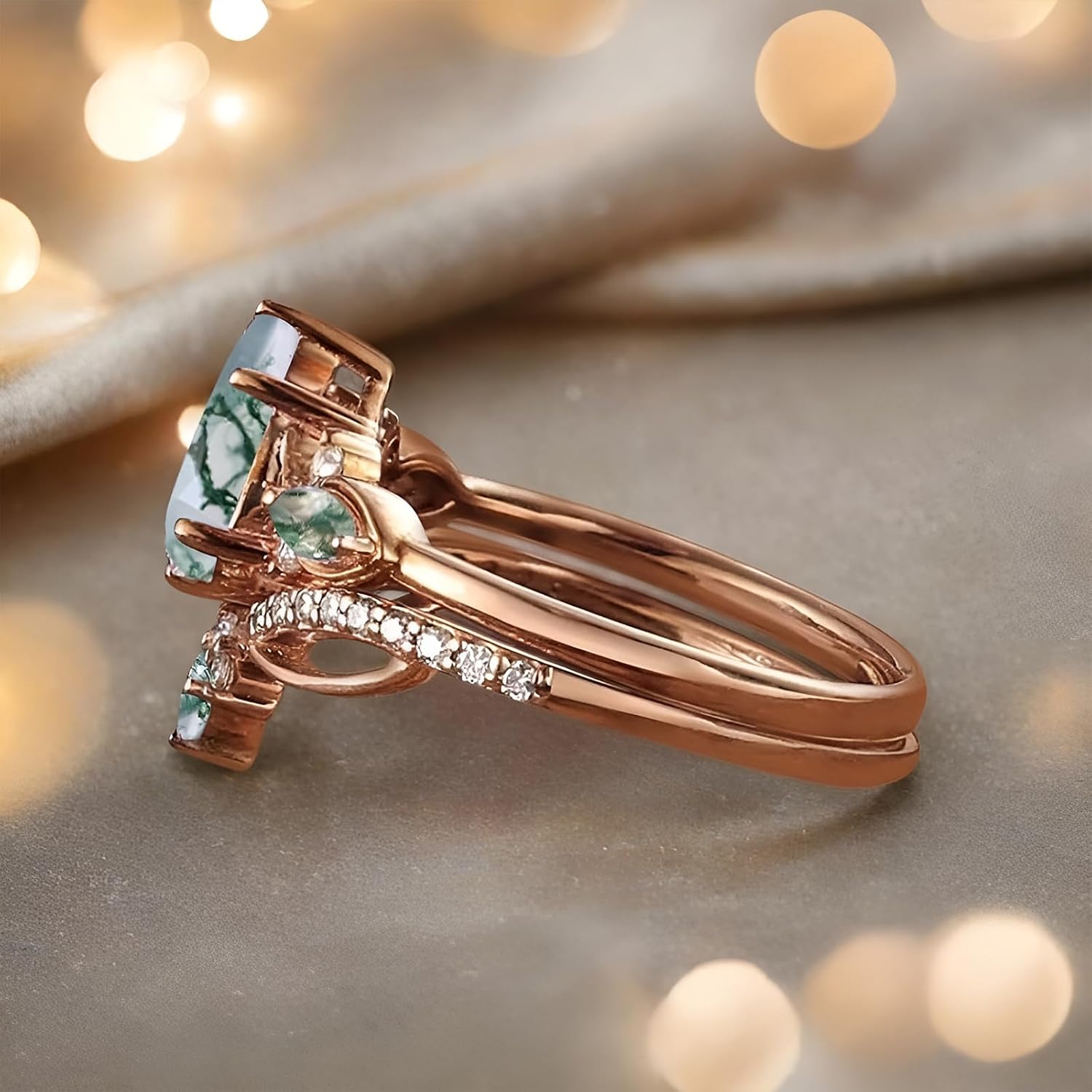 Premium Natural Moss Agate Engagement Ring Sets for Women Nature Inspired Vintage 2CT Moss Agate Women's Bridal Rings Sets Silver 10K/14K/18K Gold Wedding Band Luxury Jewelry Gifts