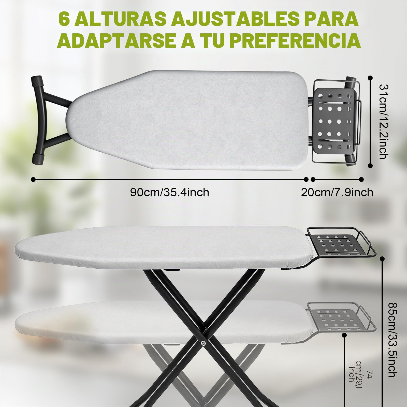 Tabla de Planchar Plegable y de Altura Ajustable, Mesa de Planchar con Soporte para Plancha Resistente al Calor, Almohadilla 4 Capas, 110 x 31 cm，Ironing Board