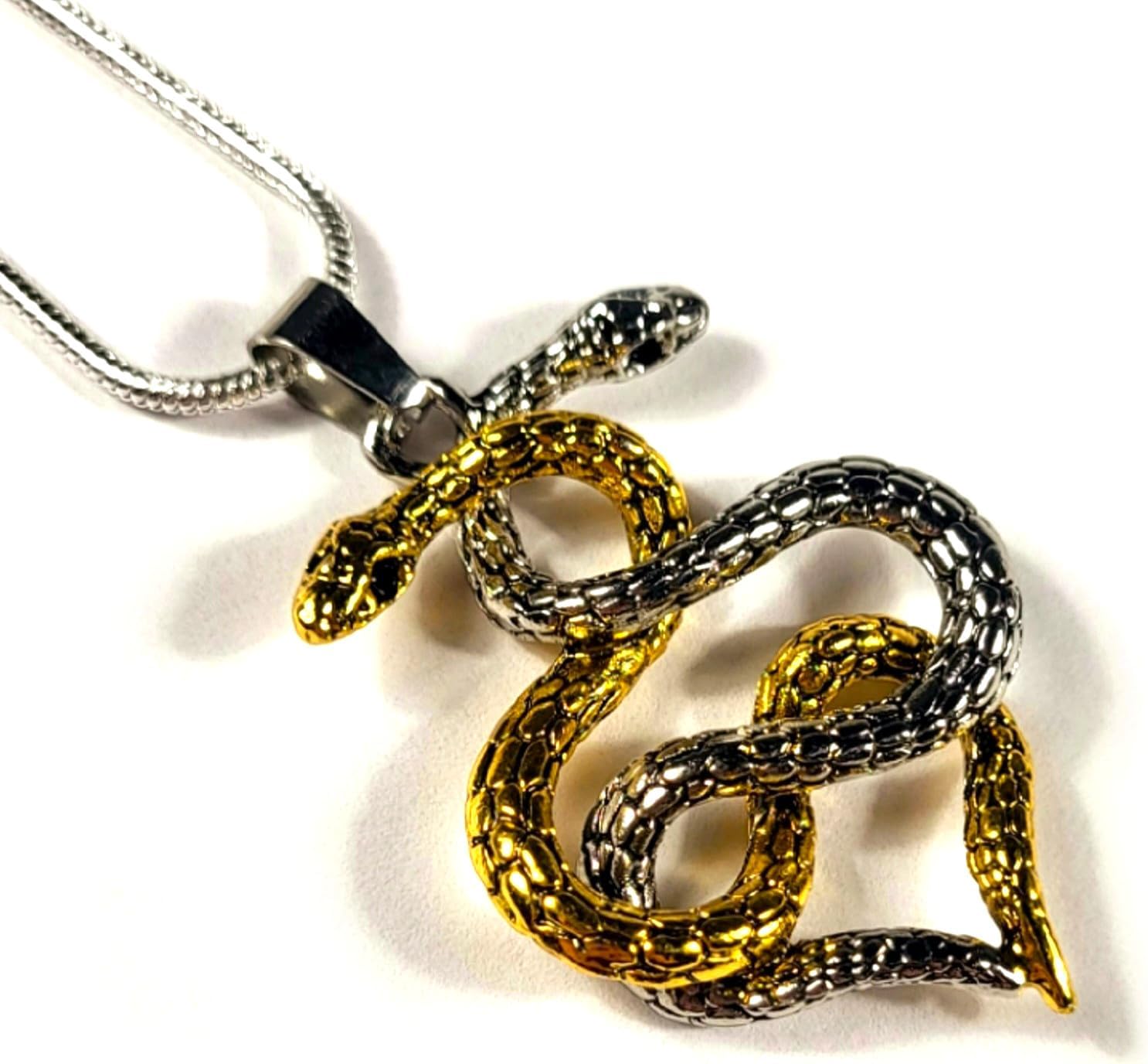 40mm Pair Intertwined Metal Snakes Pendant Twisted Golden & Silver Color Heart Shape Serpents Year of the Snake Wild Animal Serpent Necklace Men Woman Gothic Decor Jewelry + Gift Box and 16" Chain
