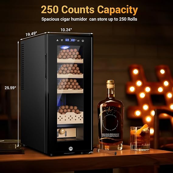 Electric Humidor, 35L 250 Counts Large Capacity Thermostatic Desktop Humidor Cabinet with Digital LED Screen, Safety Lock,Smart Humidity & Temp Control, Gifts for Men
