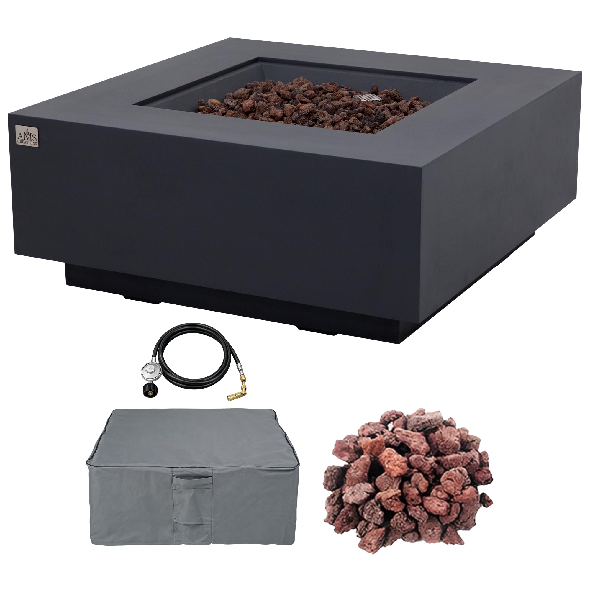 AMS 40" Square Concrete GFRC Propane Gas Fire Pit Table (Dark Gray)