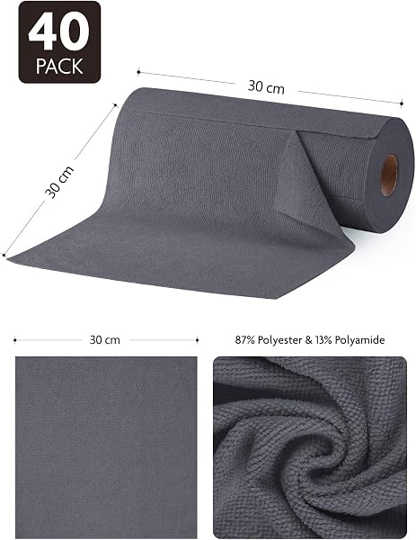Fantasticlean Paños de Limpieza 40 Unidades, Rollo de Paño de Microfibra Rasgable, Trapos Reutilizables y Sin Pelusas 30 x 30 cm - Gris Oscuro - 2