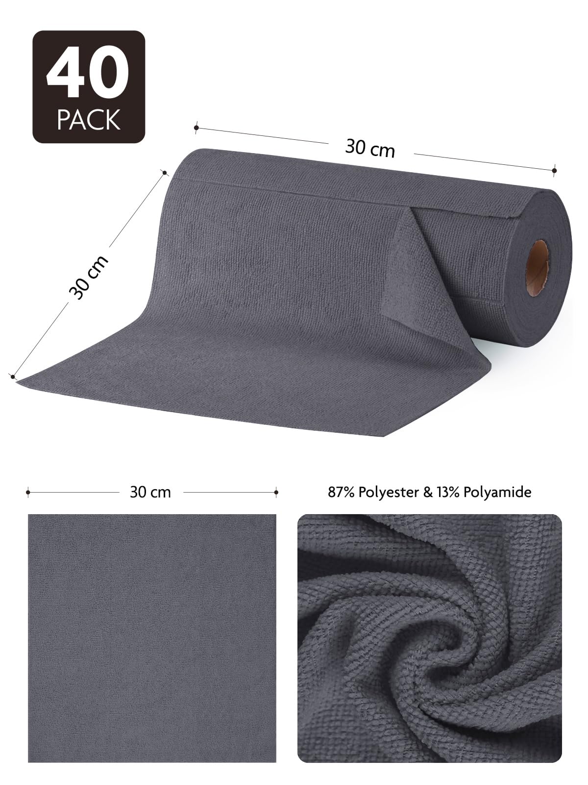 Fantasticlean Paños de Limpieza 40 Unidades, Rollo de Paño de Microfibra Rasgable, Trapos Reutilizables y Sin Pelusas 30 x 30 cm - Gris Oscuro — view 2