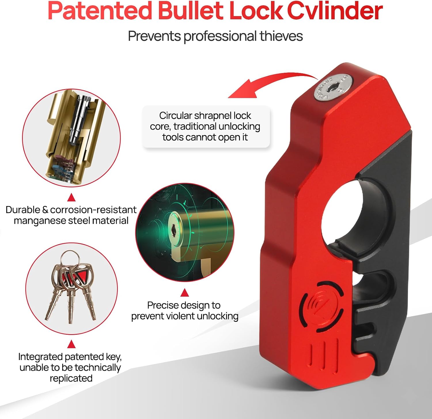 Motorcycle Locks Anti Theft, 130DB Alarm Motorcycle Grip Brake Lock, Heavy Duty Handlebar Throttle Lock Waterproof Alarm System for Moped, Bike, Scooter, ATV (Red)