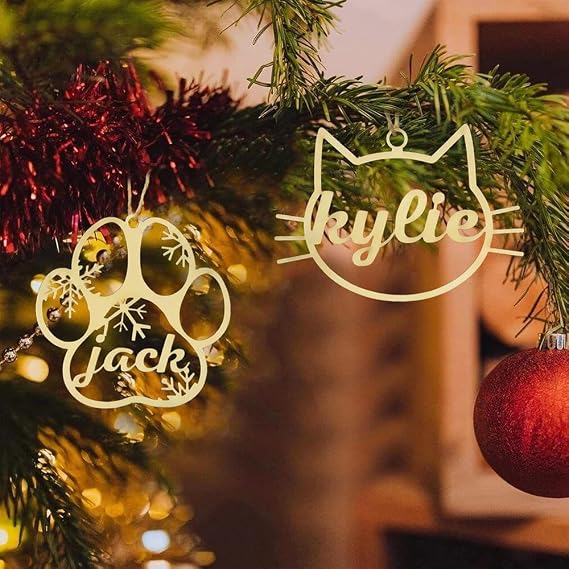 Custom Different Name Ornament, Cartoon Cat Dog Pawprint with Name Wooden Ornaments for Xmas Tree, Wooden Tags (XF2,1 Pcs)