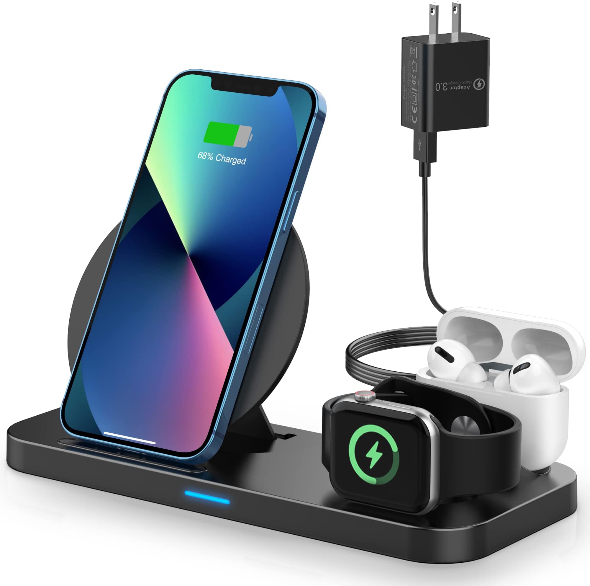 Wireless Charging Station for Apple Products, 3 in 1 Wireless Charger Charging Stand Compatible with Apple Watch and Airpods Pro, 2, Fast Charging Dock for iPhone 13 pro, 12 pro, 11, Xs max, Xr, X, 8  Belkin Magnetic Portable Wireless Charger Pad - 6’ (2M) Long Cable - MagSafe Charger Compatible - Magnetic iPhone Charger - Works w/ iPhone 14, iPhone 13, & iPhone 12 - Power Supply Included - White  Wireless Car Charger, MOKPR Auto-Clamping Car Mount 15W/10W/7.5W Fast Charging Air Vent Car Phone Mount Compatible with iPhone 14/13/13 Pro/12 Pro Max/12 pro/12/11/10/8 Series, Samsung Galaxy Series  Compatible with Garmin Vivoactive 3 Vivoactive 4 4S Charger Replacement USB Data Charging Clip for Vivoactive 3 GPS Smartwatch  ZEBRE Wireless Charger, 3 in 1 15W Fast Charging Dock Compatible with Apple Watch 7 6 5 4 3 2 SE, AirPods 3/Pro, Stand Compatible with iPhone 14/13/13 Pro/12/11/XR Samsung S22 S21 S10  Anker Wireless Charger, 2-Pack PowerWave Stand Upgraded, Qi-Certified, Fast Charging iPhone 12, 12 Mini, 12 Pro Max, SE, 11, 11 Pro, 11 Pro Max, Galaxy S20 S10 S9 S8, Note 10 Note 9 (No AC Adapter)  Wireless Charging Stand, GEEKERA 3 in 1 Wireless Charger Dock Station for Apple Watch 8 7 6 SE 5 4 3 2, Airpods 2/Pro, iPhone 14 Pro Max/14 Pro/14/13 Pro Max/13 Pro/13/12 Series, Phones  USB-C Charger, Anker 100W 4-Port Type-C Charging Station with Power Delivery, PowerPort Atom PD 4 [Intelligent Power Allocation] for MacBook Pro/Air, iPad Pro, Pixel, iPhone Xs/Max/XR, Galaxy and more