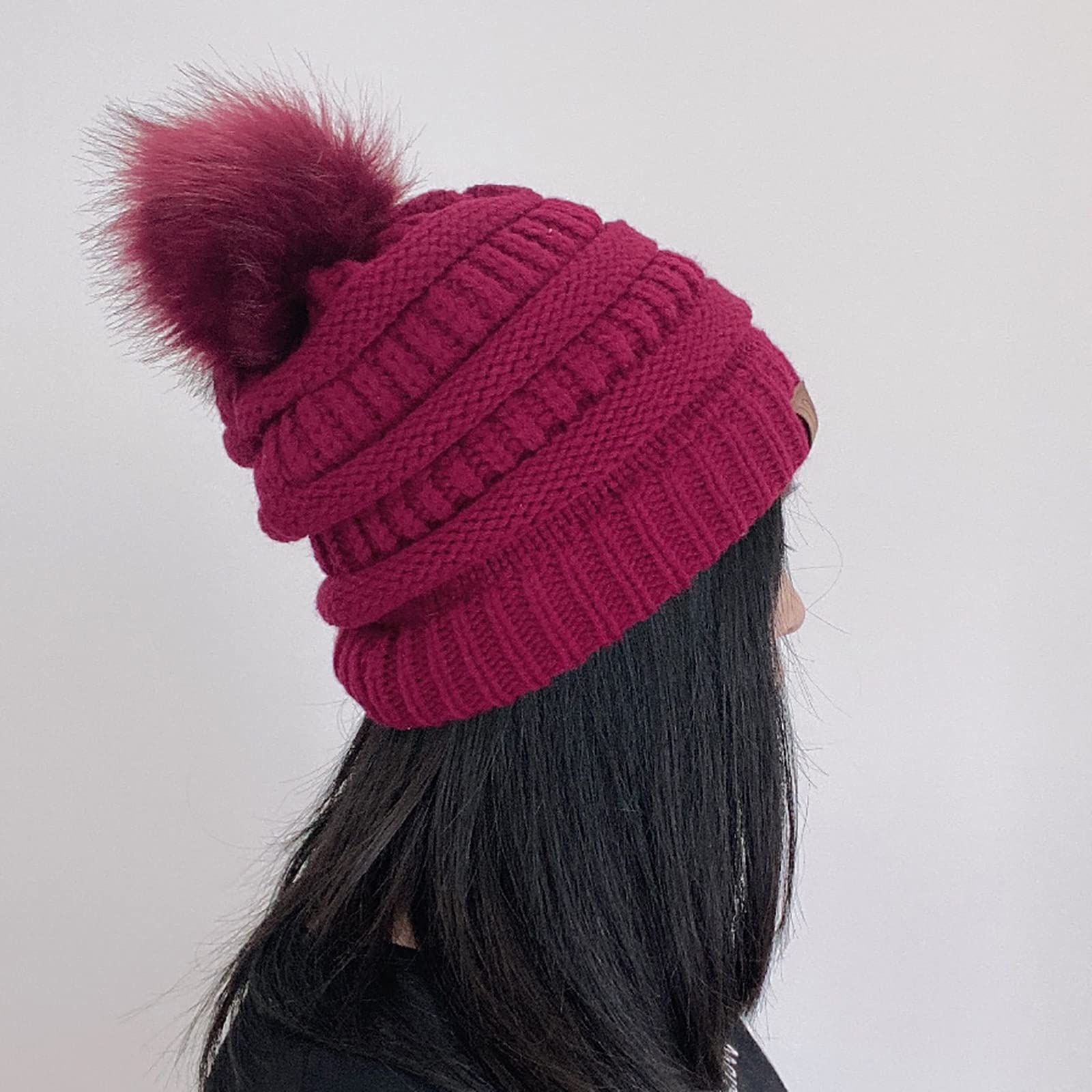 Gorros de Invierno, Gorro de Punto con pompón para Mujer, Gorro de Invierno con pompón de Piel sintética, Gorro Holgado, Talla única(Pink-One Size)