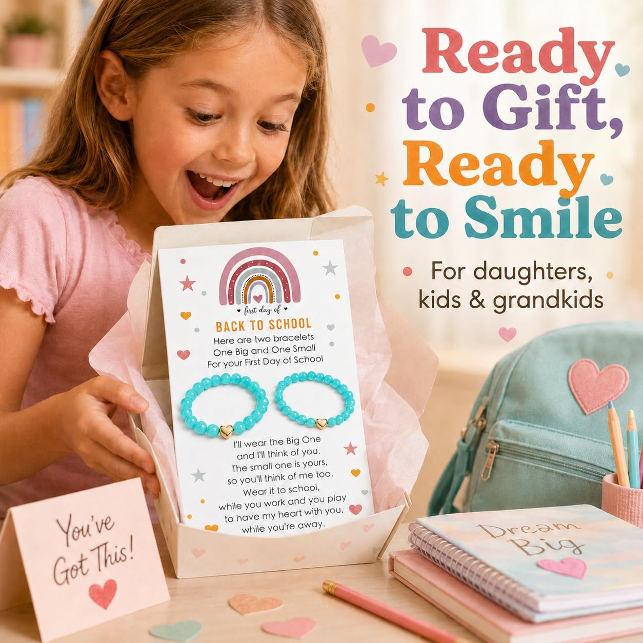 Back to School Bracelets Heart Matching Mommy and Me Elastic Wish Strings Bead Bracelets First Day of School Supplies Gifts