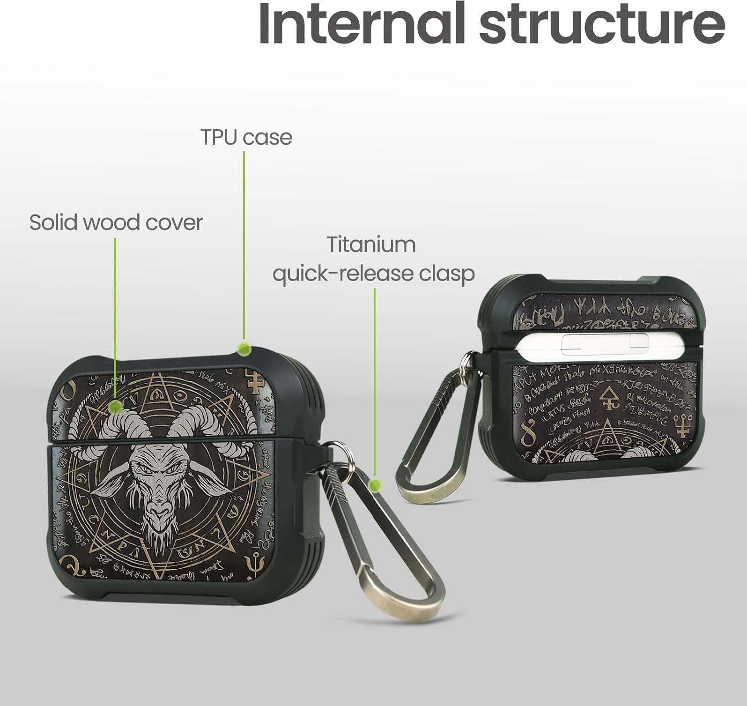 for AirPods 4 Case (2024) (USB-C), Shockproof Cover with Quick Released Keychain, Compatible with AirPods 4th Generation, Natural Wood Hand-Drawn (Baphomet Seal) Dark Wood