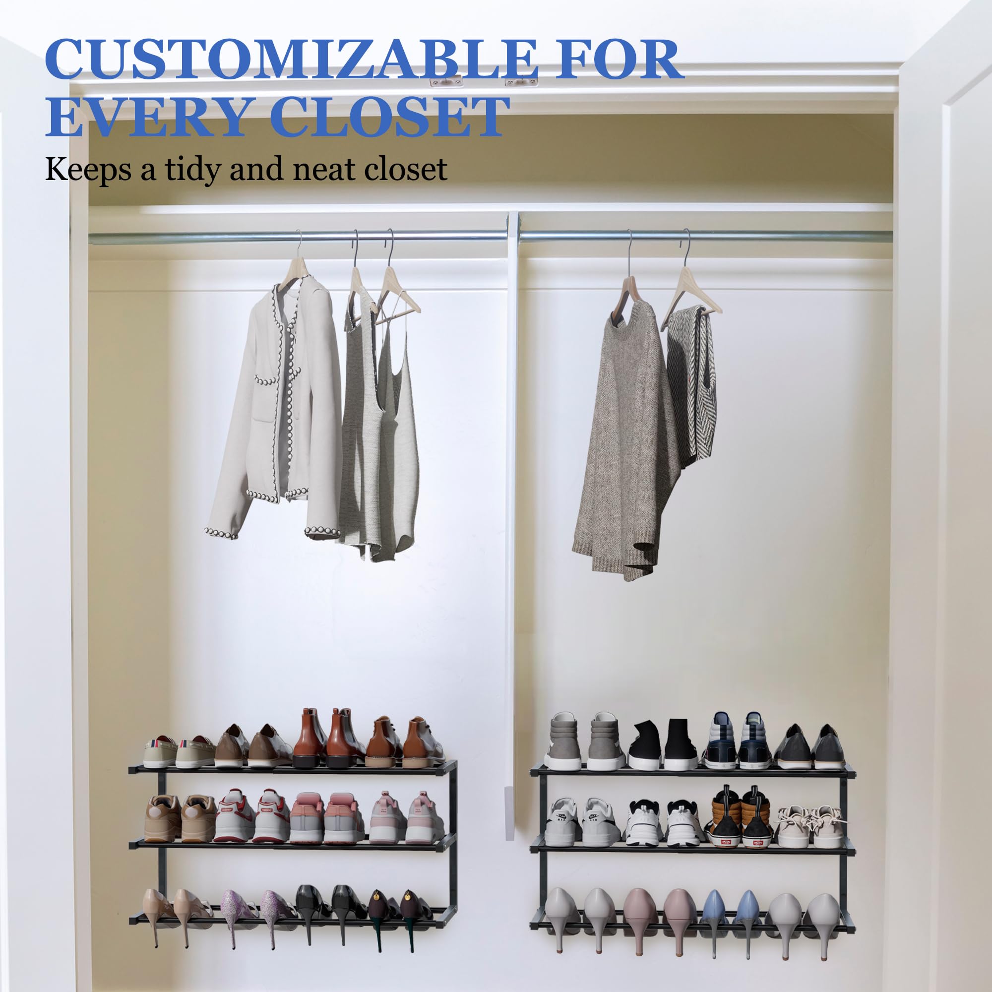 Schuhregal zur Wandmontage, 3 Etagen, hängendes Schuhregal für 24 Paar, 43,2 cm - 76,2 cm, verstellbarer, robuster Schuh-Organizer mit 4 Aufbewahrungshaken, platzsparend für Schrankeingang, schwarz