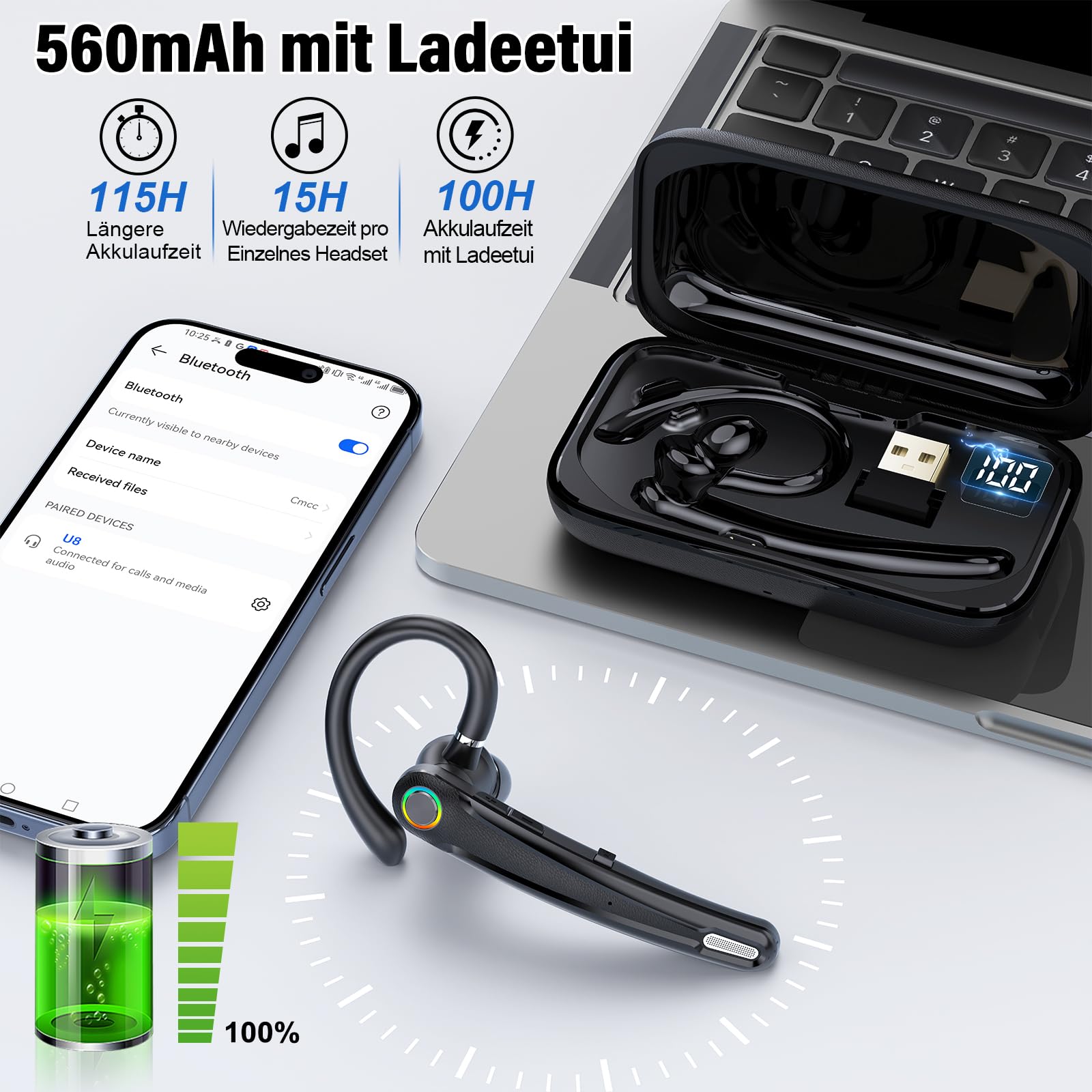 Atheewon Bluetooth Headset V5.2 Wireless Freisprech Telefon CVC 8.0 ENC Dual Mic