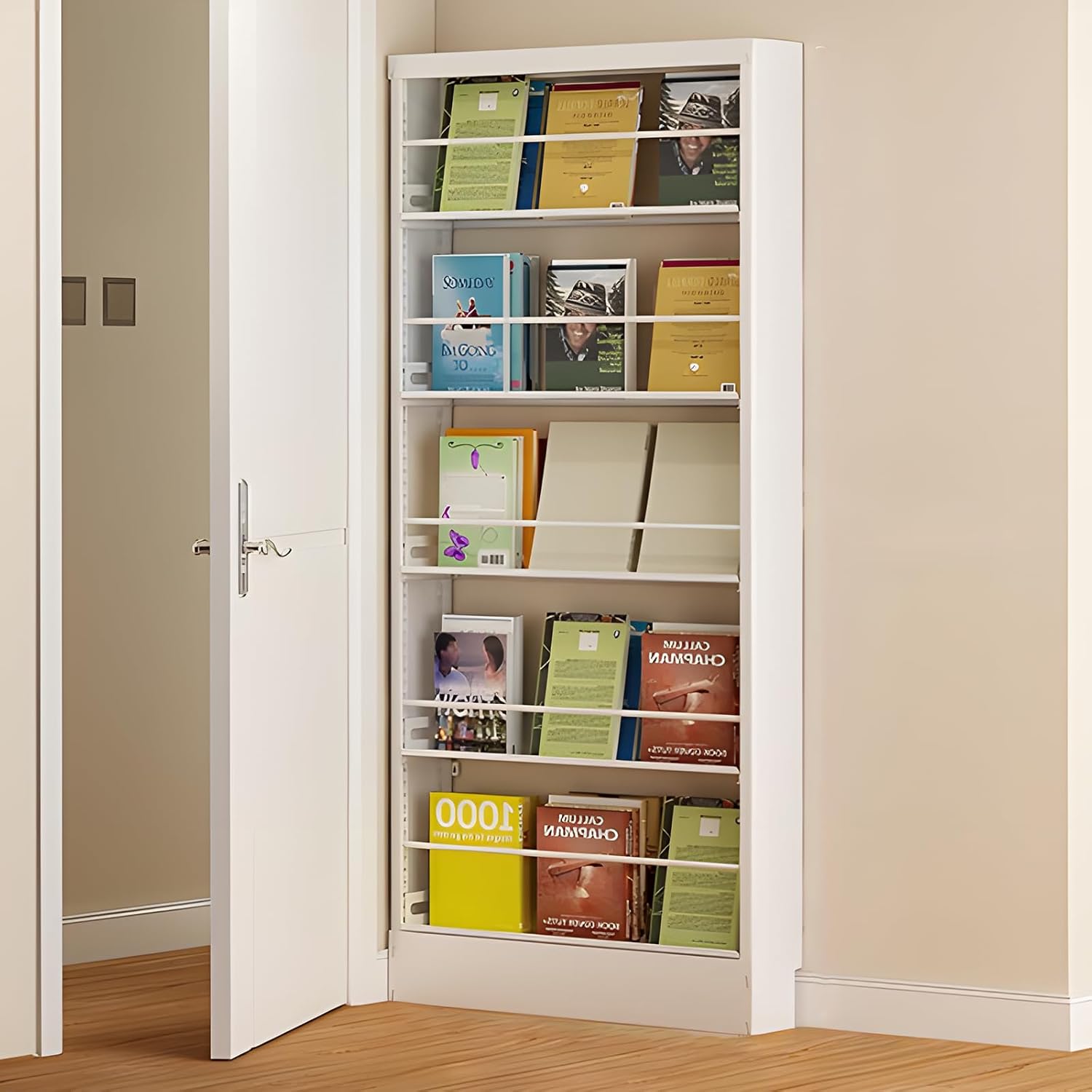 Behind door bookshelf,5/6-Tier Metal Book shelf - Kids Bedroom & Playroom Storage Organizer Adjustable shelf design for Living Room, Children's Room, Study Room, etc. white 5-shelf/31.5″×4.7″×70.9″