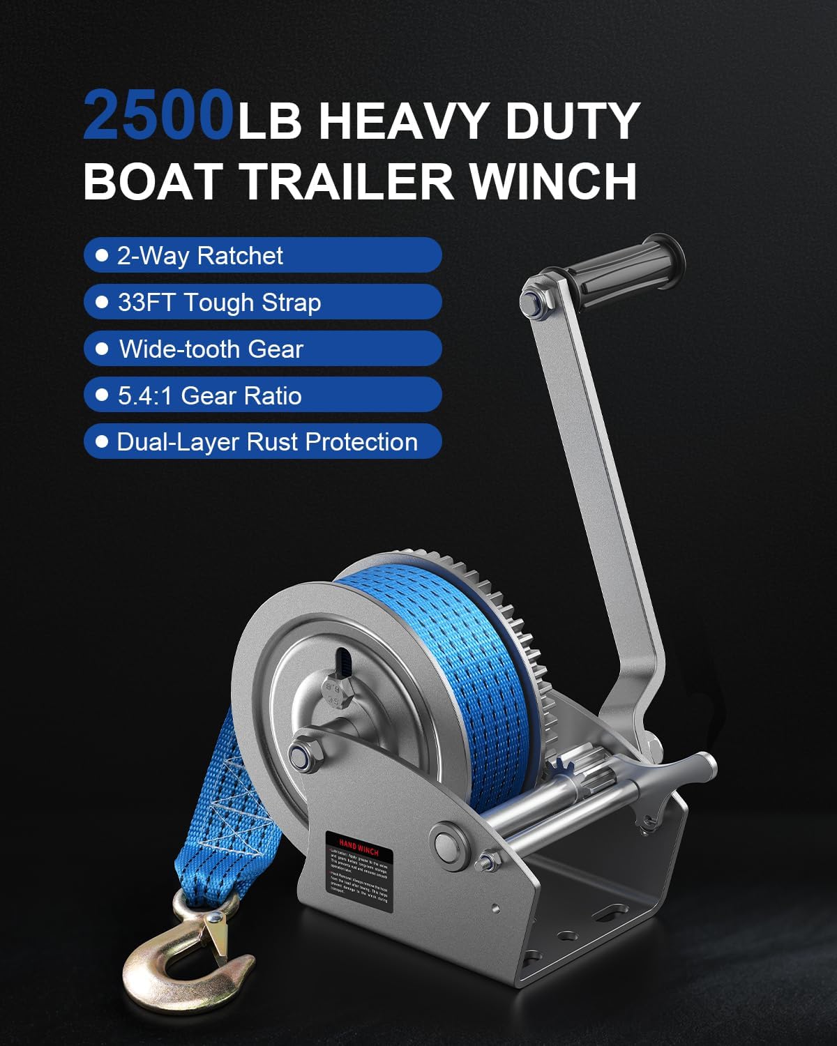 2500lb Boat Trailer Winch with Strap, 2-Way Ratchet 5.4:1 Gear Ratio, Enhanced Gear, Ratchet Switch and Handle, Heavy Duty Hand Winch for Boat, Trailer, ATV, Marine, Jet Ski