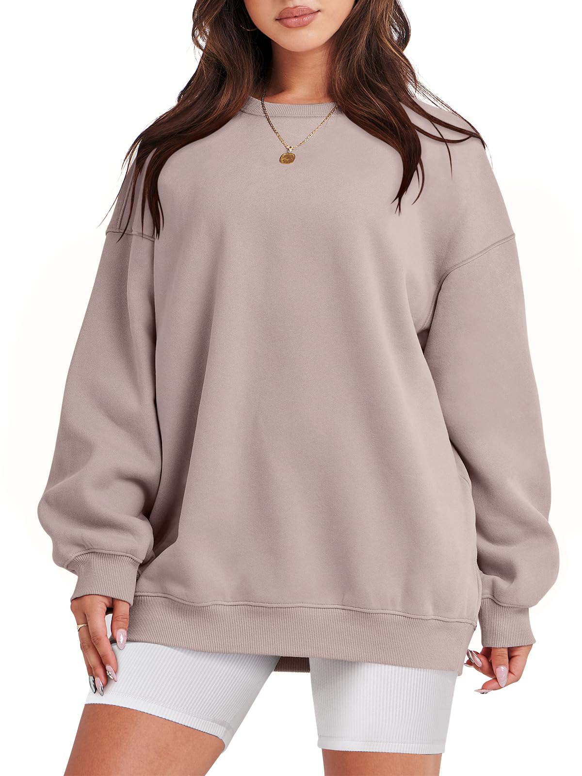 Damskie bluzy oversize bluzy z kapturem polar okrągły dekolt sweter top codzienne jesienne stroje preppy ubrania nastolatki 2024 A1019 światło, Jeden kolor, Light Khaki_XL