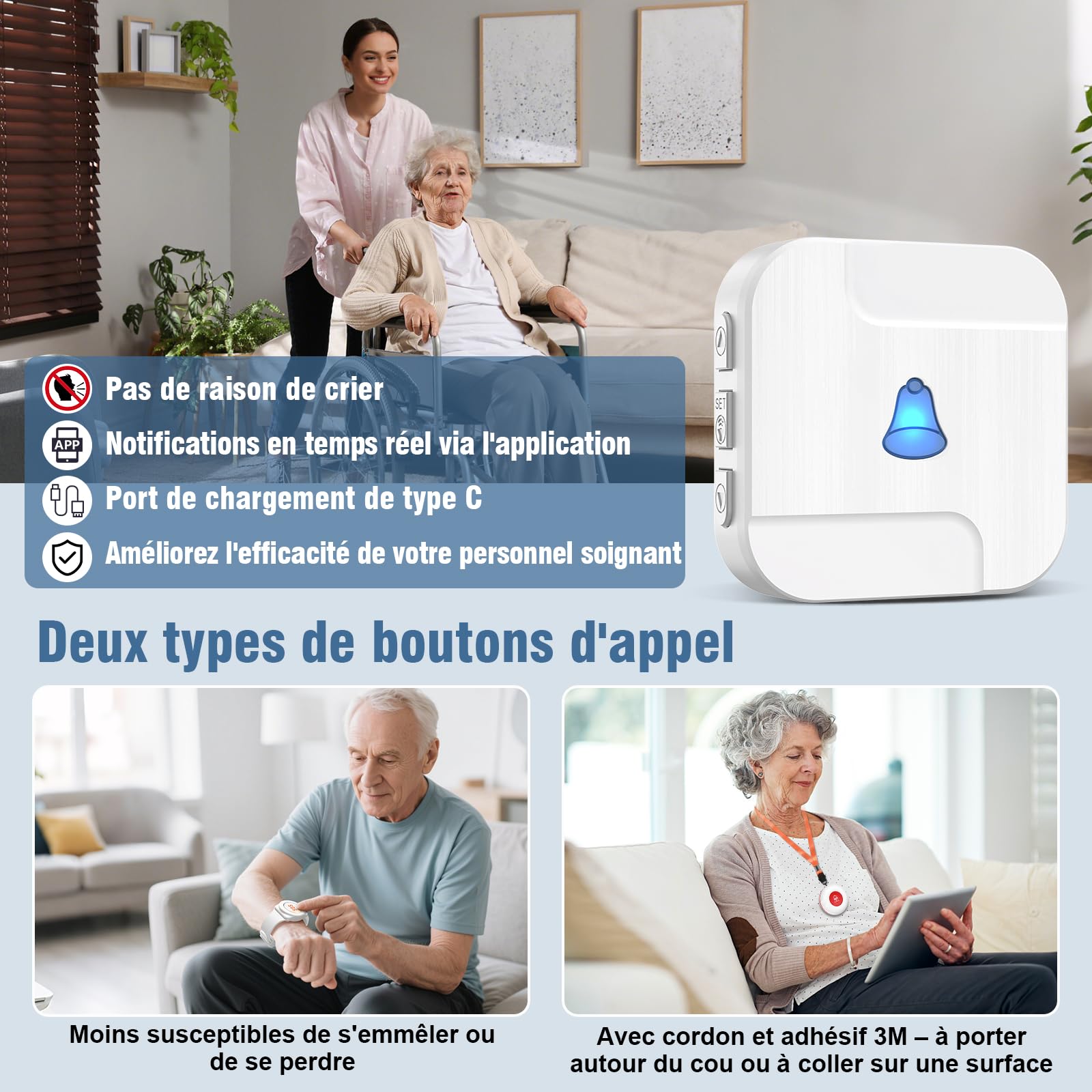 Appareil d'Alarme Chunhee pour Personnes Âgées - Système Adapté aux Handicaps et Difficultés de Mobilité. Bracelet d'Alarme pour Usage Domestique (1 Récepteur + 1 Montre + 1 Émetteur)