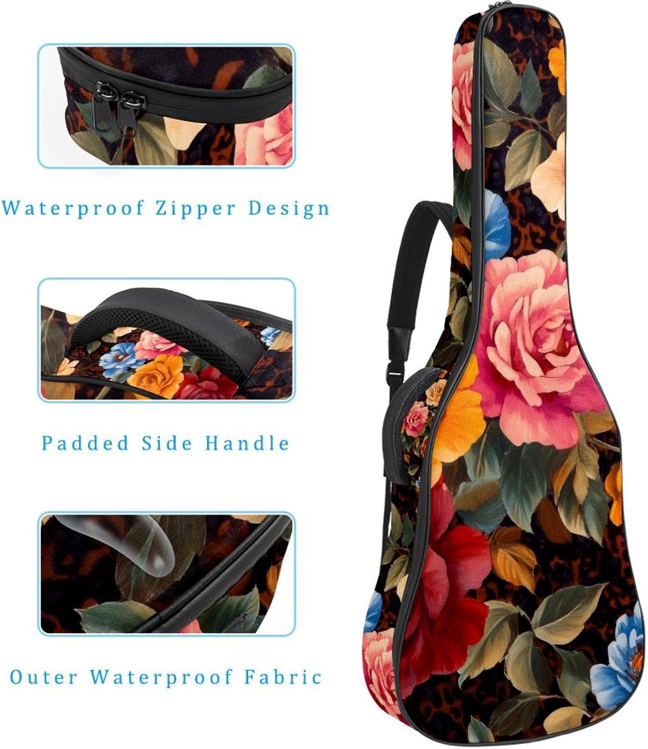 Colorful Roses and Flowers Acoustic Guitar Gig Bag, 1 cm Thick Padding Waterproof Guitar Bag Backpack for 40 41 42 Inch Electric Bass Classical Guitars