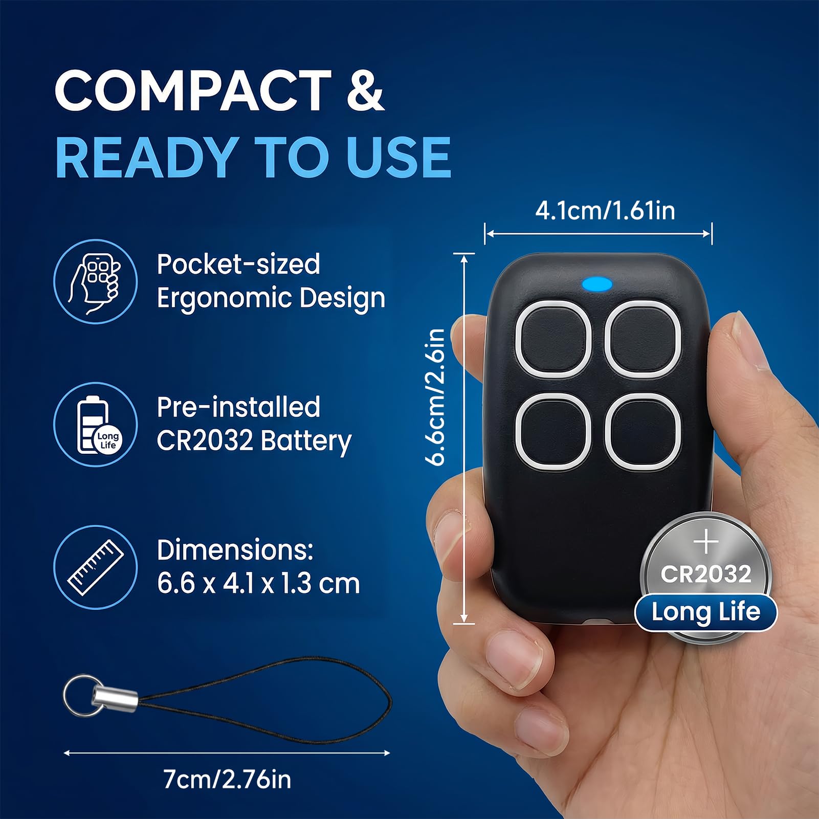Mando Garaje Universal 4 en 1 250-913MHz, Clonador para Puerta de Garaje y Sistemas de Automatización, Programación por Aprendizaje Automático, Rolling Code Código Fijo, Blanco