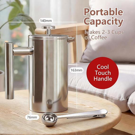 Cafetiere French Press Coffee Maker 350 ml, Double Wall Insulated French Press Stainless Steel, Easy Clean Tea Brewer, 3-Layer Filter, Cold Brew Cafetiere, Kitchen & Camping