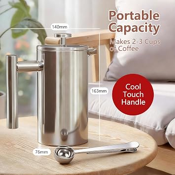 Cafetiere French Press Coffee Maker 350 ml, Double Wall Insulated French Press Stainless Steel, Easy Clean Tea Brewer, 3-Layer Filter, Cold Brew Cafetiere, Kitchen & Camping